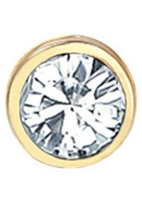 Boucles d'oreilles pour oreilles percées en or avec un design circulaire, mettant en avant un grand cristal transparent à facettes au centre, réfléchissant la lumière grâce à ses multiples facettes et dimensions.