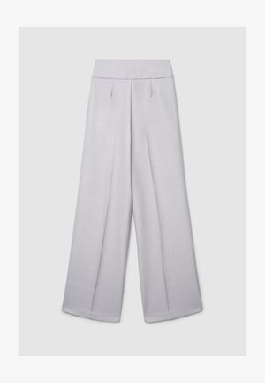 Hellgraue Hosen mit weitem Bein und glatter Textur, mit flacher Vorderseite, zwei Bundfalten und hohem Bund. Keine sichtbaren Taschen.