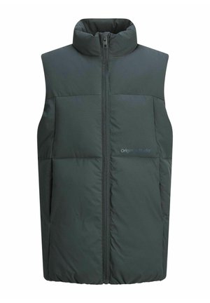 Ciemnozielona bezrękawnik puchowy z wysokim kołnierzem, zapinany z przodu na zamek błyskawiczny, z dwoma ukrytymi kieszeniami po bokach. Zawiera subtelny detal logo z przodu.
