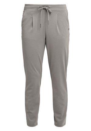 Grijze sportbroek van zacht, elastisch materiaal met een trekkoord in de taille, twee voorste zijzakken met plooien en een taps toelopende enkelontwerp.
