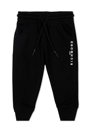 Zwarte joggerbroek met elastische tailleband en boorden, voorzakken en "John Richmond" verticaal gedrukt op de rechterdij.