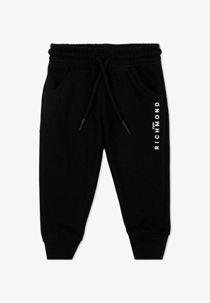 Pantalon de jogging noir avec taille et poignets élastiques, poches avant, et "John Richmond" imprimé verticalement sur la cuisse droite.