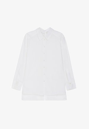 White long-sleeve shirt with a collar, front button closure, and buttoned cuffs, featuring a slightly longer back hem. Smooth texture.