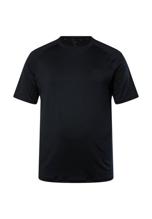 Czarna koszulka z krótkim rękawem z okrągłym dekoltem, gładka w dotyku, z dyskretnym logo w ciemnym nadruku w górnym lewym rogu.