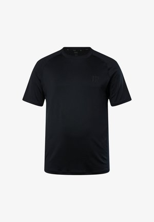 Schwarzes T-Shirt mit kurzen Ärmeln, Rundhals, glatter Textur und einem dezenten Logo in dunkler Aufdruck auf der oberen linken Seite.