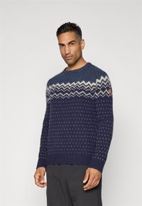 Man in een marineblauwe en grijze gebreide woltrui met zigzag- en stippatronen, in combinatie met zwarte broek, tegen een effen achtergrond.