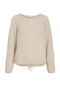 Pull en tricot beige clair avec un col rond, des manches longues et un ourlet avec cordon de serrage. Tissu texturé avec un motif côtelé. Design minimaliste.