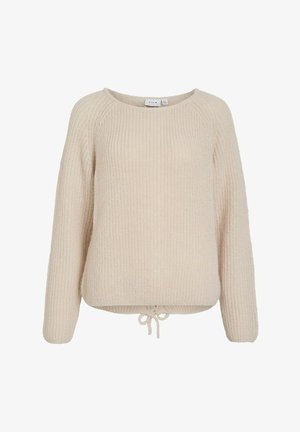 Jersey de punto color beige claro con cuello redondo, mangas largas y bajo con cordón ajustable. Tela texturizada con patrón acanalado. Diseño minimalista.