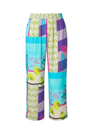 Pantalons à motifs colorés présentant un mélange de designs bleus, verts, violets et roses, avec une taille élastique et une coupe ample et fluide.