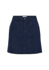 Sötétkék farmer A-vonalú szoknya, elülső gombos záródással, varrott varratokkal és sima textúrával. Közepes hosszúság, egyszerű design.