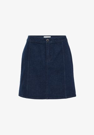 Denim A-line nederdel i mørkeblå, med frontlukning med knapper, stikninger og en glat tekstur. Regular længde, enkelt design.