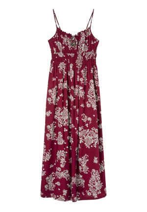 Abito lungo bordeaux floreale con spalline sottili, vita elastica e motivo paisley bianco. Tessuto morbido con un design fluido.