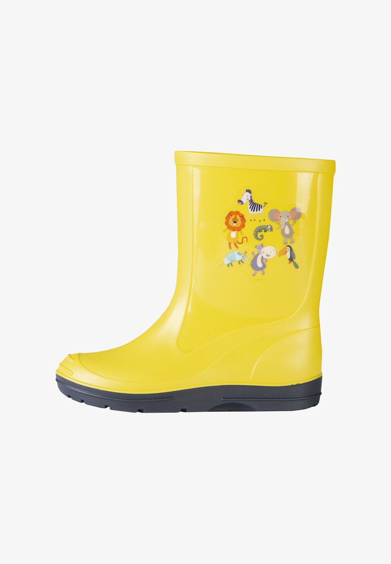 Botte de pluie en caoutchouc jaune avec semelle bleue marine, ornée de graphiques animaliers colorés comprenant un lion, un zèbre, un éléphant et plus sur le côté.