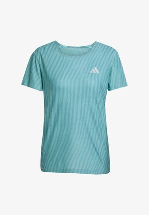 Light teal short-sleeve t-shirt with a subtle zigzag pattern, round neckline, and a small white logo on the chest. Smooth fabric texture.