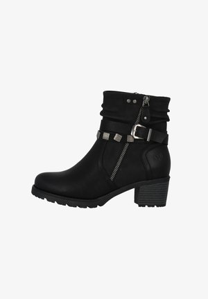 Stivali neri alla caviglia con finitura testurizzata, risvolto, cerniera laterale e cinturini con accentuazione metallica. Tacco quadrato con base decorata.