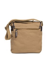 Ruskea kangas olkalaukku säädettävällä hihnalla, jossa etutasku vetoketjulla ja tummanruskeat nahkakoristeet. Neliömäinen muoto ja teksturoitu pinta.