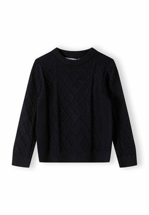Dunkelblauer gestrickter Pullover mit Rundhalsausschnitt, der ein Rautenkabelmuster sowie gerippte Bündchen und Saum aufweist. Weiche Textur und lange Ärmel.