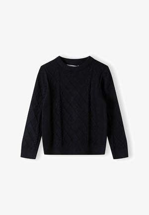 Navy blue knitted sweater with a crew neckline, featuring a diamond cable pattern and ribbed cuffs and hem. Soft texture and long sleeves.