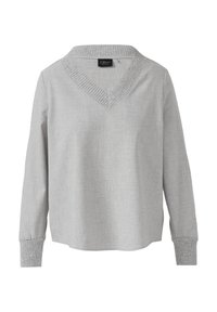 Hellgrauer Langarmpullover mit geripptem V-Ausschnitt und Bündchen, der dezente funkelnde Details am Kragen und an den Bündchen aufweist.