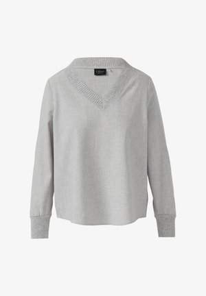 Maglione grigio chiaro a maniche lunghe con scollo a V a coste e polsini, caratterizzato da sottili dettagli luccicanti sul colletto e sui polsini.