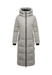 Cappotto lungo imbottito in grigio chiaro con colletto alto e chiusura con zip. Presenta dettagli neri, due tasche laterali e polsini elasticizzati.