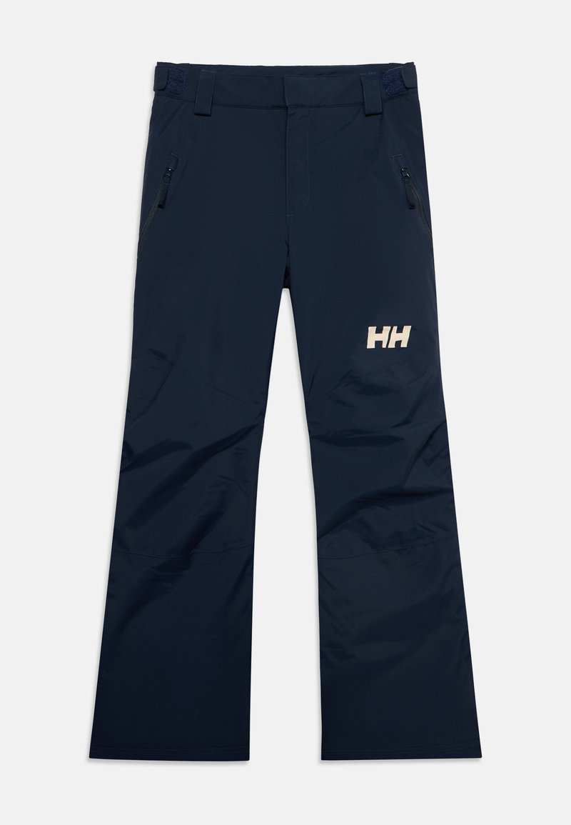 Pantalon d'extérieur bleu marine avec poches zippées et logo Helly Hansen sur la cuisse droite, devant plat et passants pour ceinture.