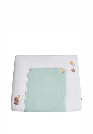 White and mint green baby changing mat with teddy bear and bunny holding orange and green balloons embroidered on corners.