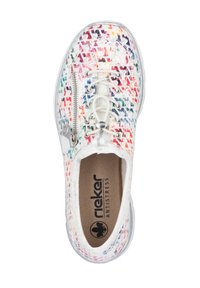 White shoe with a colorful abstract pattern. Features include laces, a side zipper, and a cushioned insole with "Rieker Antistress" branding.