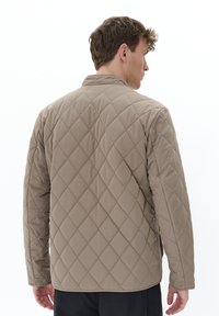Chaqueta acolchada beige con un patrón de diamantes, que presenta un cuello sencillo y mangas largas. Textura suave y diseño ligero. Vista trasera.