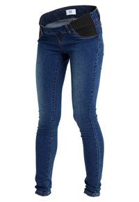 Smala jeans i mörkblå denim med svart elastisk midjeband, med en klassisk femfickorsdesign och subtila sömdetaljer.