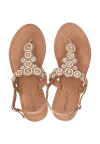 Flache Sandalen in Tan mit dekorativer Perlenbestickung in Orange- und Goldtönen, ausgestattet mit einer weichen, suedeliken Textur und einem Knöchelriemen zur Unterstützung.