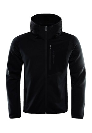 Chaqueta softshell negra con un alto cuello, frente con cremallera y bolsillo en el pecho. Presenta un tejido texturizado y un diseño ajustado.