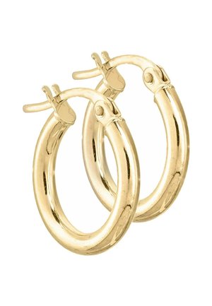 Zlatne naušnice u obliku obruča s glatkim, poliranim završetkom i sigurnim kopčama. Okruglog su oblika, srednje veličine, s elegantnim dizajnom bez ukrasa.