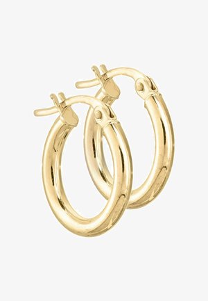 Guld ørehængere med en glat, poleret finish og en sikker lukning. Rund form, mellemstor størrelse, med et elegant design uden udsmykninger.