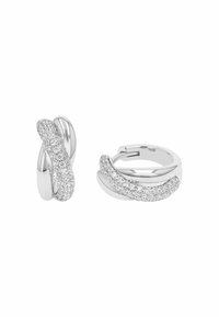 Orecchini in argento con design intrecciati, accentuati da scintillanti cristalli incastonati a pavé su un lato e una finitura liscia e lucida sull'altro.