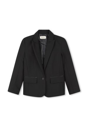 Blazer noir en tissu lisse, avec un revers cranté, un bouton sur le devant et deux poches horizontales. Design simple, coupe ajustée.