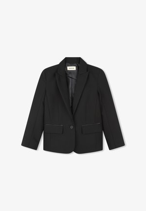Blazer noir en tissu lisse, avec un revers cranté, un bouton sur le devant et deux poches horizontales. Design simple, coupe ajustée.