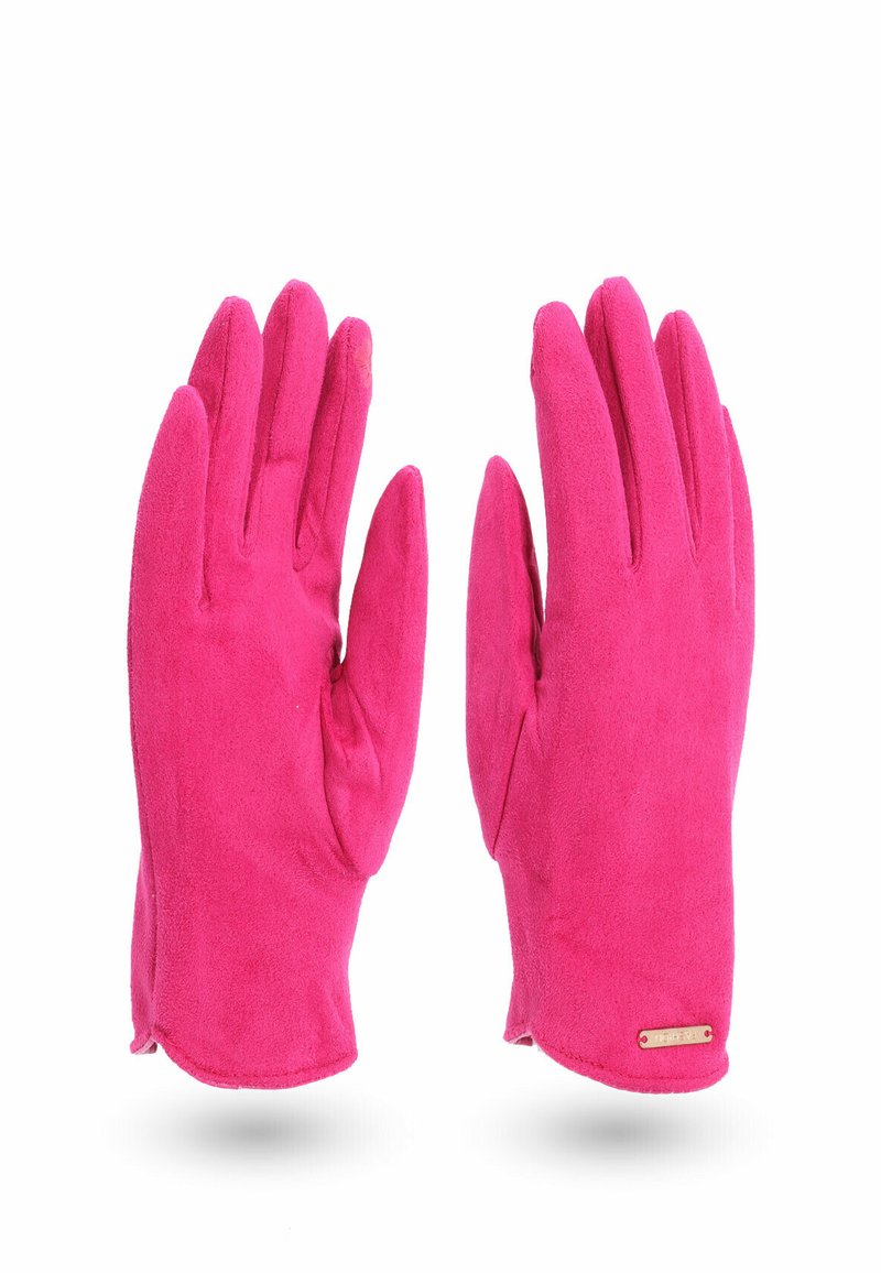 Guanti fucsia in morbida suede, con una texture liscia e un elegante dettaglio dorato al polsino. Progettati per comfort e calore.