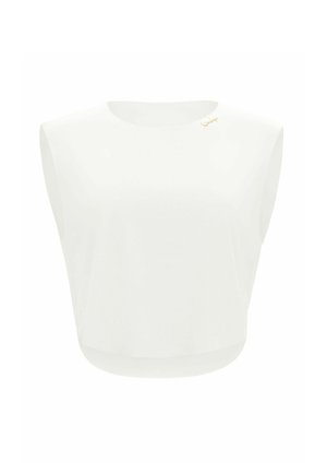 Weißes ärmelloses Crop-Top mit gepolsterten Schultern und kleinem goldenen Signaturelement nahe dem runden Halsausschnitt.