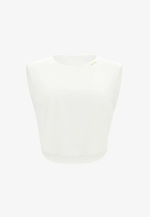 Hvid ærmeløs crop top med polstrede skuldre og lille guld signaturdetalje nær den runde udskæring.