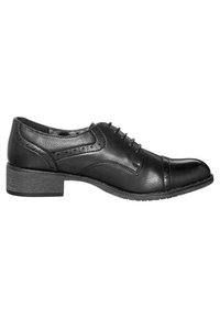Scarpa da dress nera in pelle con punta arrotondata, design lace-up, dettagli brogue sottili e tacco basso a blocco. Suola in gomma piatta.
