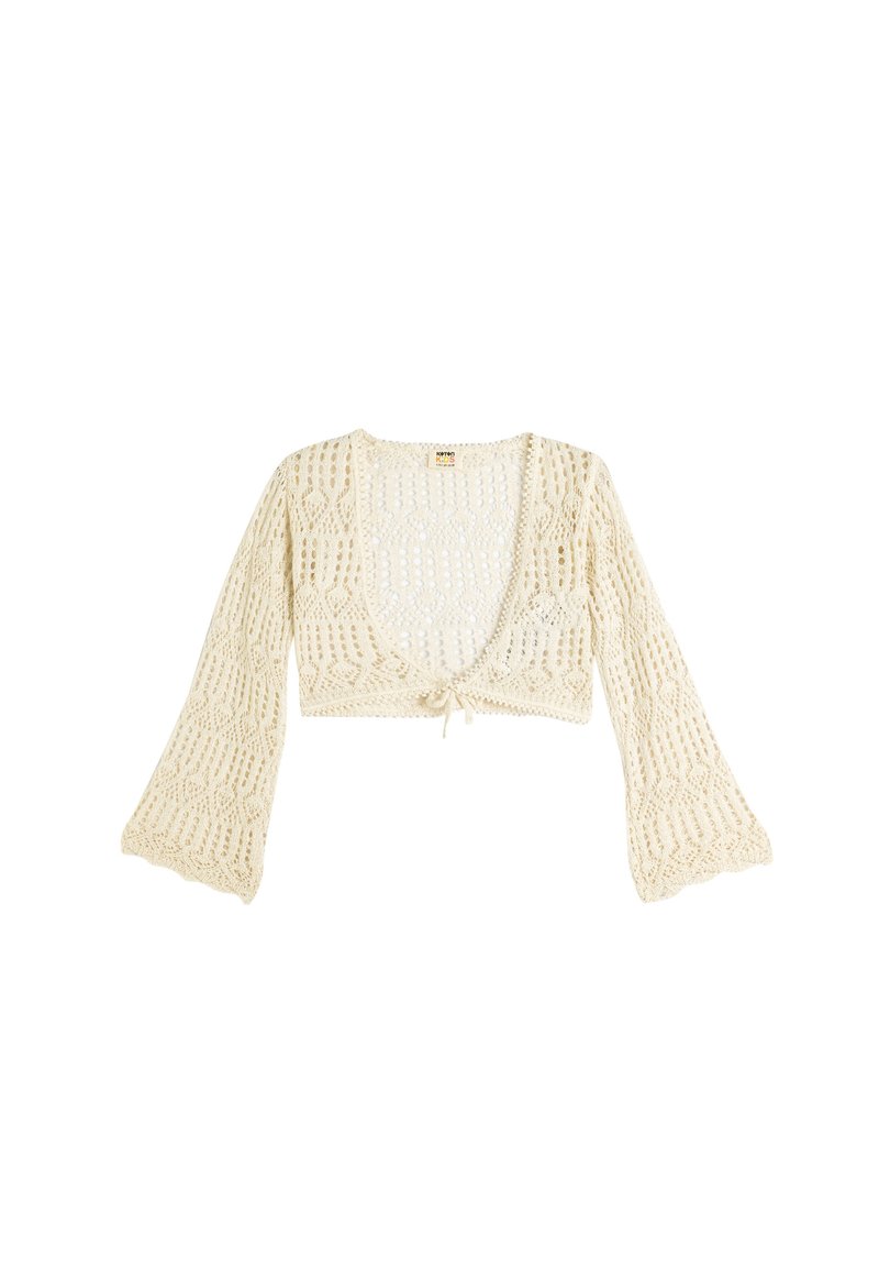 Häkel-Cardigan in Creme, mit langen Glockenärmeln, tiefem V-Ausschnitt und einer Bindung an der Vorderseite. Das Muster umfasst offene Gewebe und ein strukturiertes Design.