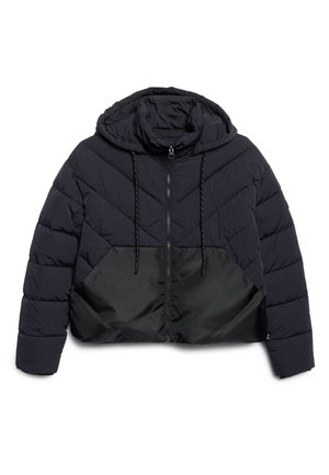 Schwarze Pufferjacke mit Kapuze, mit einem gesteppten oberen Teil und einem glatten schwarzen unteren Abschnitt, Reißverschluss vorne und Kordelzugakzenten.