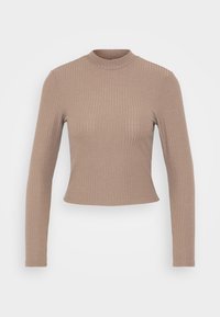 Light brown ribbed long-sleeve top with a high neck, cropped length, and a fitted silhouette. Smooth texture with a subtle stretch.