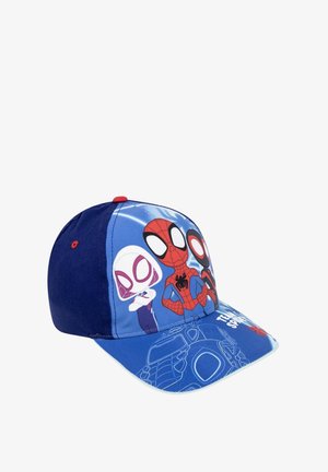 Blue baseball cap featuring Spider-Man and characters, with a soft fabric cap and a curved visor, red accents, and graphics on the front.