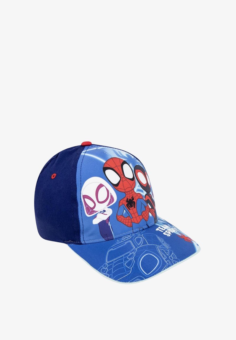 Cappello da baseball blu con Spider-Man e personaggi, con un cappello in tessuto morbido e una visiera curvata, dettagli rossi e grafiche sulla parte anteriore.
