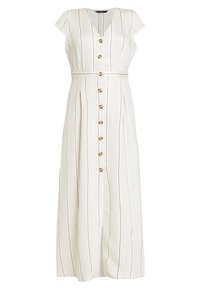 Maxi dress with a V-neck, short cap sleeves, vertical cream and brown stripes, and gold buttons down the front. Fabric has a textured appearance.