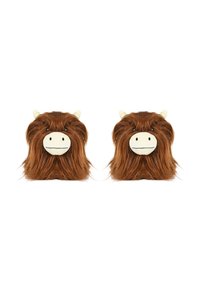 Braune, plüschige Hausschuhe in Form von Highland-Rindkopf mit einem beigen Gesicht, kleinen schwarzen Augen und hellen Hörnern.