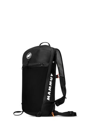 Black backpack with a textured front, featuring a top handle, mesh straps, and a prominent "MAMMUT" logo on the side. Adjustable straps.