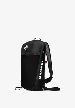 Black backpack with a textured front, featuring a top handle, mesh straps, and a prominent "MAMMUT" logo on the side. Adjustable straps.